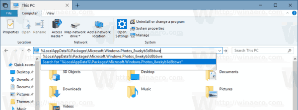 Chemin du dossier de l'application Photos Windows 10