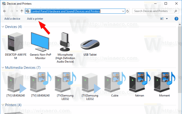 Windows 10 Systemsteuerung zum Hinzufügen eines Druckers