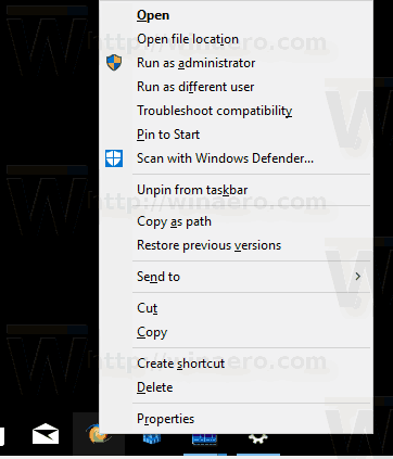 Klasická rozšířená nabídka aplikace na hlavním panelu ve Windows 10