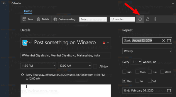 Aplikacija koledar Windows 10 Pogovorno okno novega dogodka 8