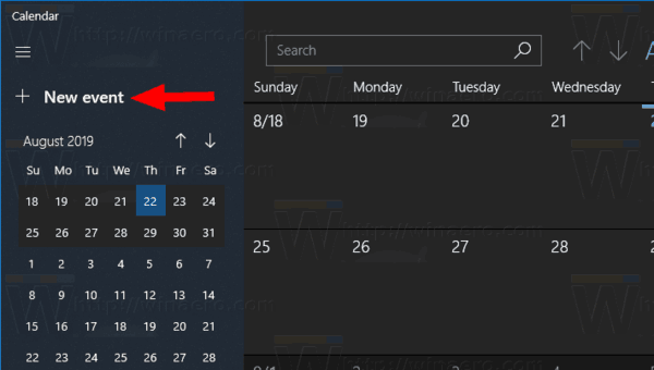 Aplikacija koledar Windows 10 Gumb za nov dogodek