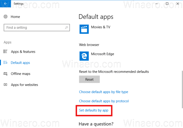 Windows 10 määrake vaikeseaded rakenduse lingi abil 