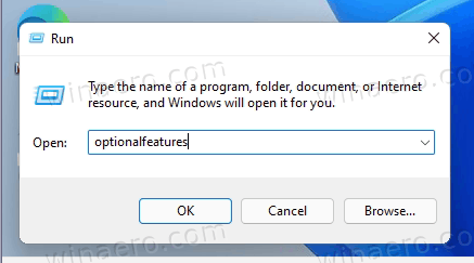 Optionalfeatures-Befehl im Ausführen-Dialog