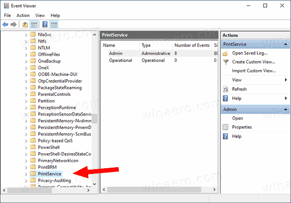 Windows 10 PrintService इवेंट व्यूअर