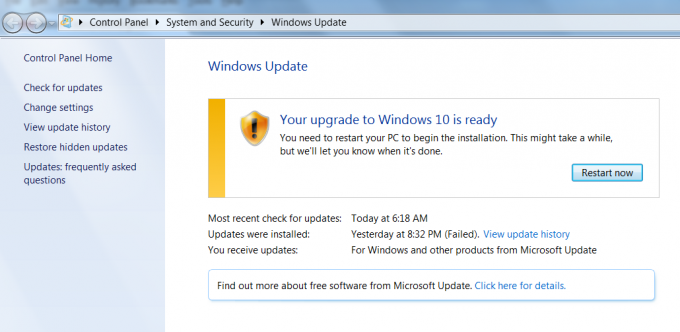 Päivitys Windows 10:een on valmis