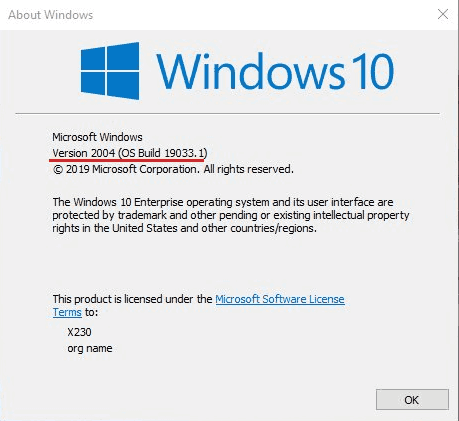 Windows 10 verze 2004 sestavení 19033 Winver