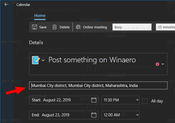 Aplikacija koledar Windows 10 Pogovorno okno Nov dogodek 4