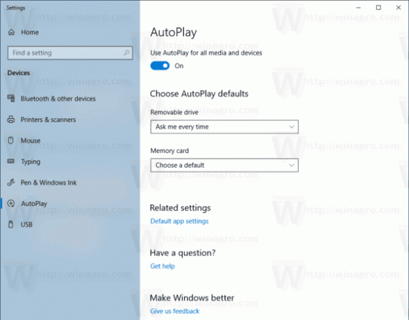 Paramètres de lecture automatique de Windows 10