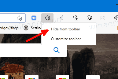 Tlačítko panelu nástrojů Skrýt rozšíření Microsoft Edge