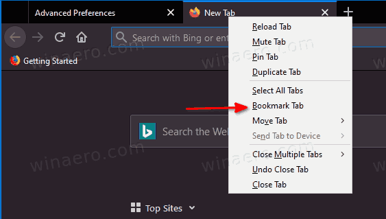 Firefox의 기본 탭 오른쪽 클릭 메뉴