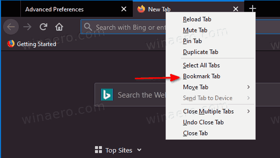 Numatytasis skirtukas Dešiniuoju pelės mygtuku spustelėkite meniu „Firefox“.