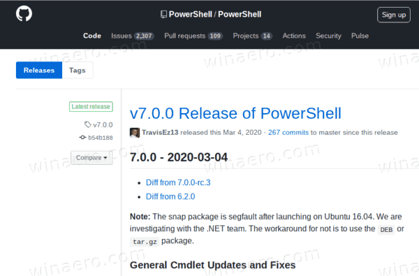 Σελίδα έκδοσης PowerShell στο GitHub