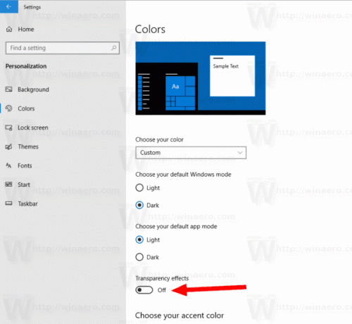„Windows 10“ išjunkite skaidrumo efektus
