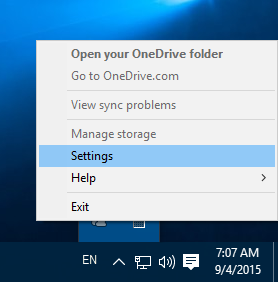 Meni z ikono obvestil v sistemu Windows 10 OneDrive