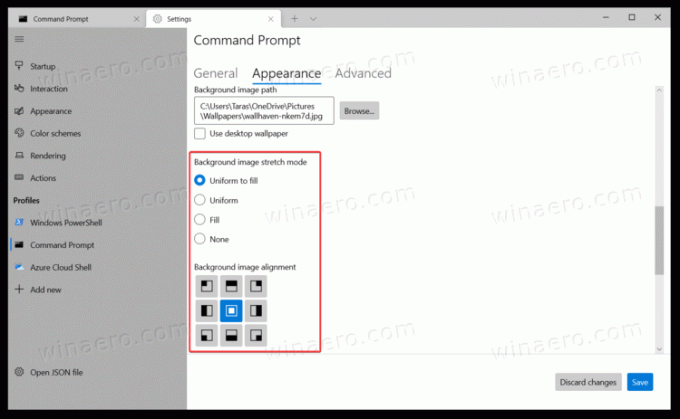 Windows termināļa fona attēla pozīcijas opcijas