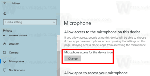 Option d'accès au microphone de Windows 10