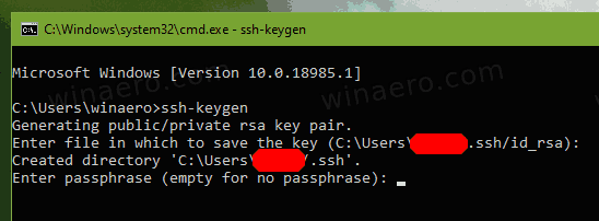Generera SSH-nyckel i Windows 10 Steg 2
