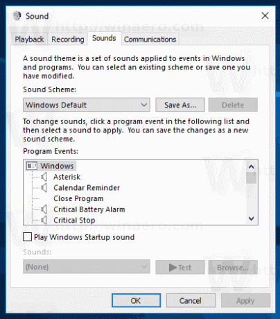 Dialogové okno klasických zvuků ve Windows 10