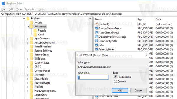 カラーレジストリ内のWindows10圧縮暗号化ファイル