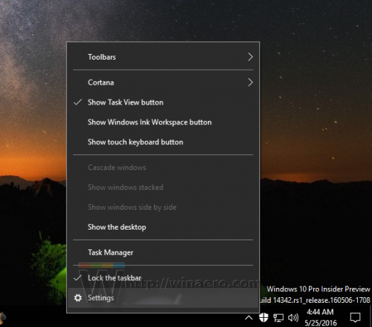 „Windows 10“ užduočių juostos nustatymų kontekstinio meniu elementas