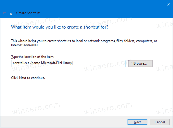 Hozzon létre Windows 10 fájltörténeti parancsikont 1