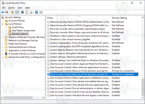 Comportamento do prompt do UAC do Windows 10 para política de usuários padrão