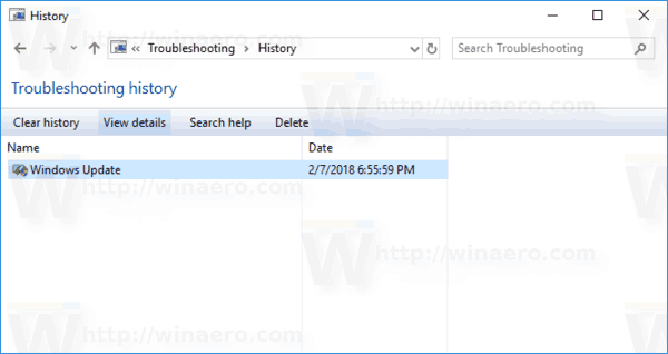 Fila del historial de resolución de problemas de Windows 10