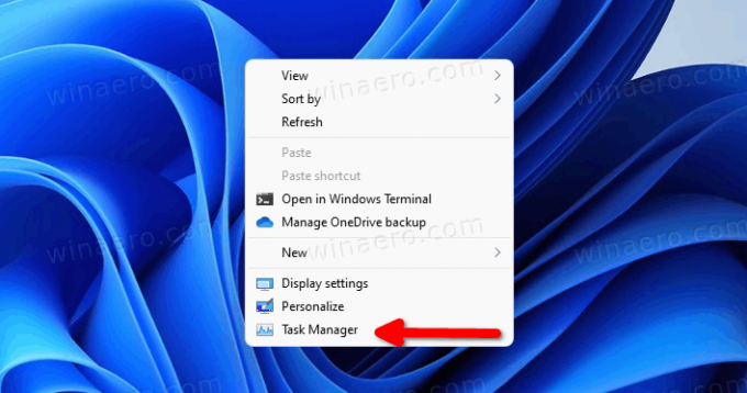 otwórz Menedżera zadań w systemie Windows 11 z menu po kliknięciu prawym przyciskiem myszy na pulpicie