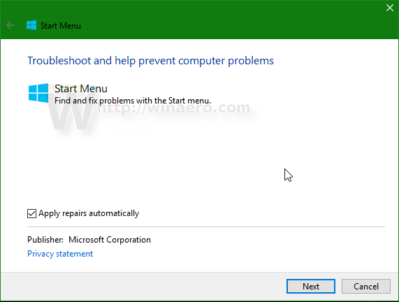 Windows 10 प्रारंभ मेनू समस्या निवारक उन्नत मोड