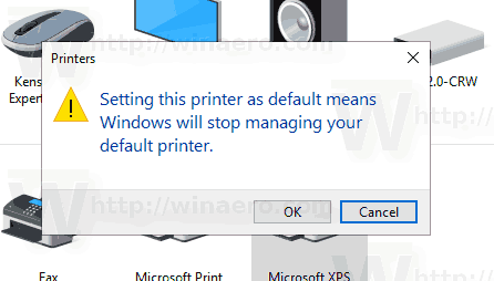 Confirmação de configuração do painel de controle da impressora padrão do Windows 10