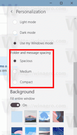 Windows10メール変更フォルダーのメッセージ密度