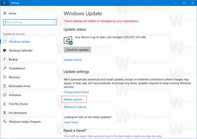 Collegamento alle opzioni di riavvio della pagina di Windows Update