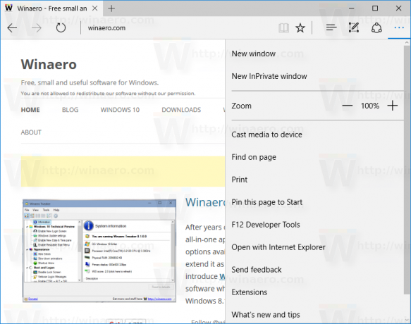 Otevřená nabídka Windows 10 edge