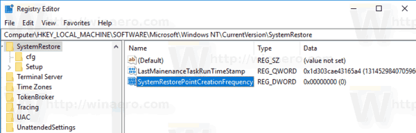 Windows 10 Aumentar a frequência do ponto de restauração do sistema