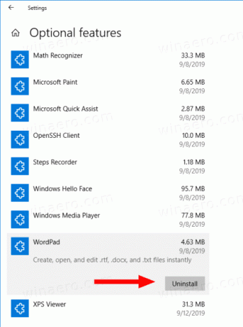 Windows 10 הסר את ההתקנה של Wordpad