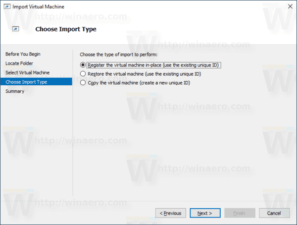 Windows 10 Hyper V Pasirinkite importavimo tipą