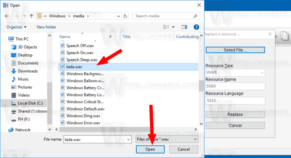 تصفح Windows 10 Reshacker بحثًا عن ملف Wav