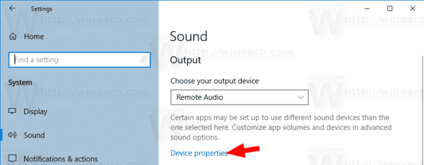 Vínculo de propiedades del dispositivo de sonido de Windows 10