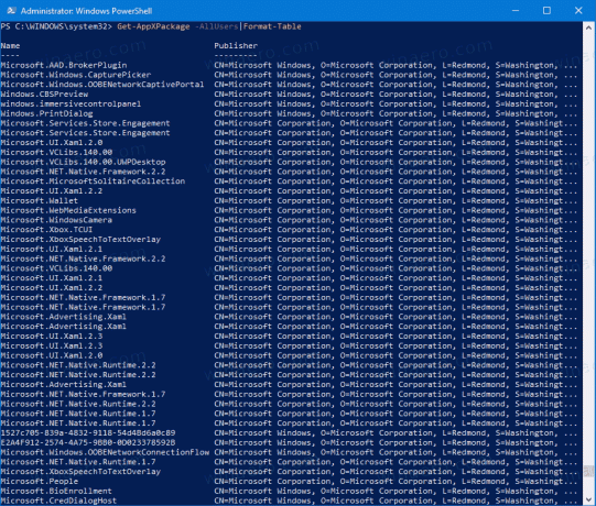 „Windows 10 PowerShell“ įdiegtų programų sąrašas Gaukite „AppXPackage“.