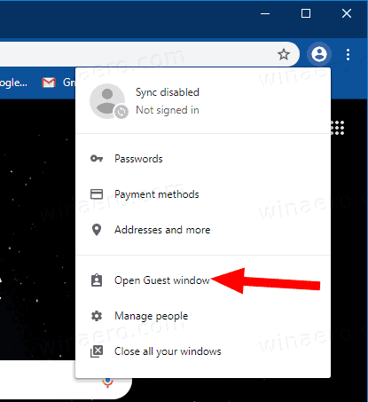 Google Chrome Otwórz menu okna gościa