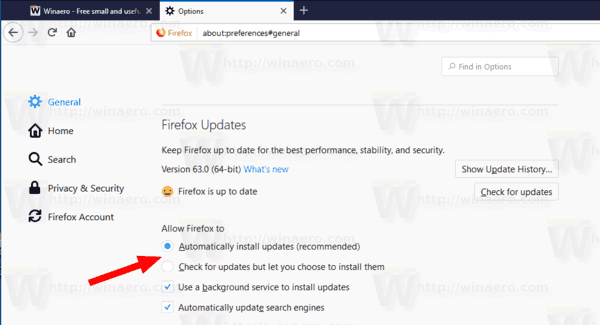 Firefox 63 ไม่มีการปิดใช้งานตัวเลือกการอัปเดต