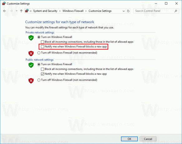 Zakažte oznámení brány firewall v systému Windows 10 pomocí ovládacího panelu
