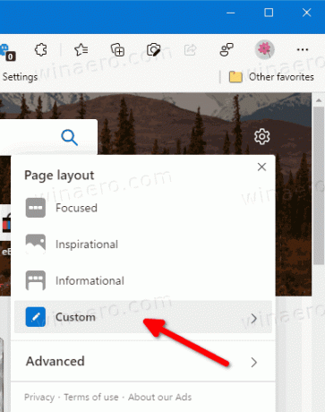 Edge New Tab Page תפריט אפשרות מותאמת אישית