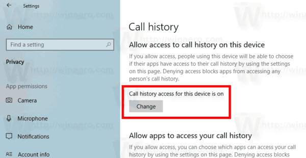 Windows 10 Désactiver l'accès de l'application à l'historique des appels