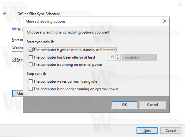 Windows 10 Offline Files Sync جدولة المزيد من الخيارات