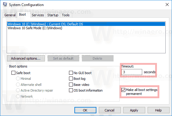 Windows 10 Αλλαγή χρονικού ορίου εκκίνησης Msconfig 