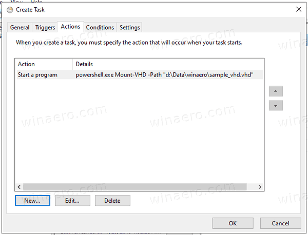 Windows 10 Automount VHD Task Akce vytvořena