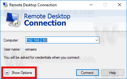 RDP savienojuma opcijas Windows 10