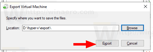 Windows 10 Hyper V eksportēšanas poga
