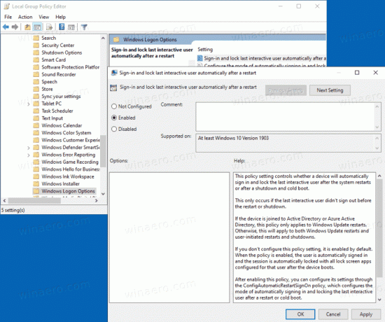 Windows 10 Aktiver log ind og lås den sidste interaktive bruger automatisk efter en genstart